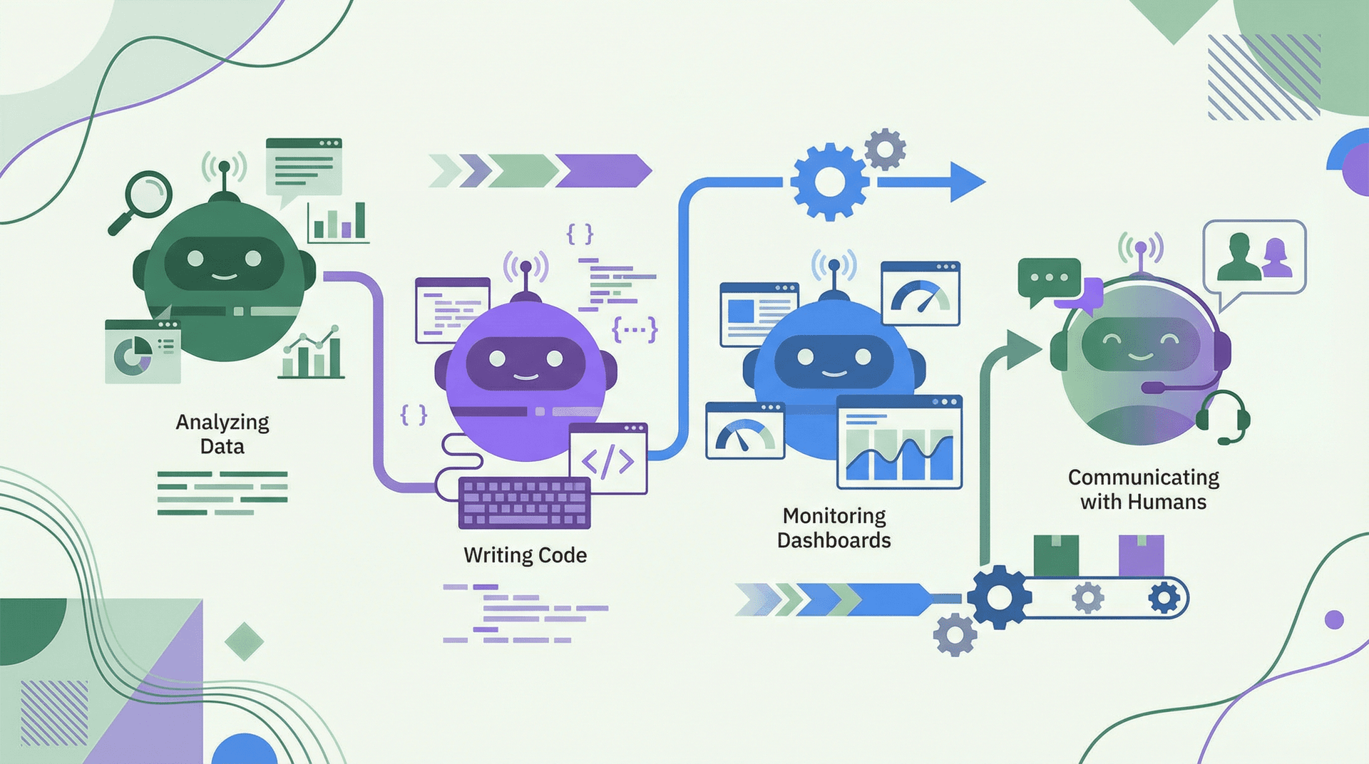 AI agents analyzing data, writing code, monitoring dashboards, and communicating