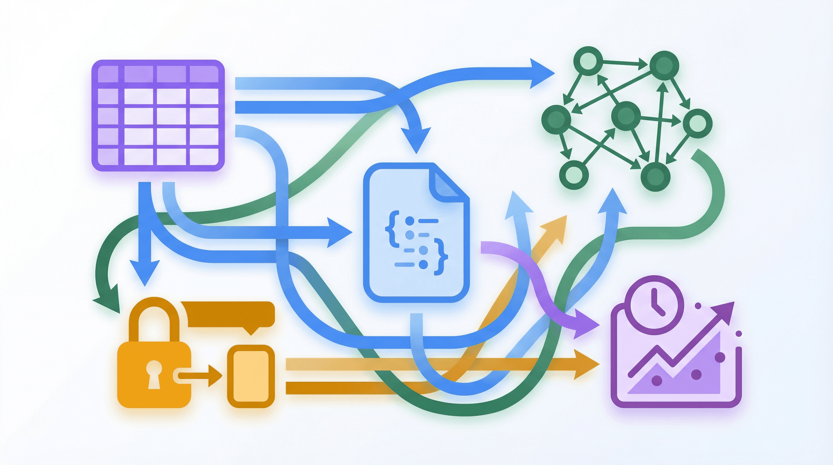 Multiple database types connected by decision arrows