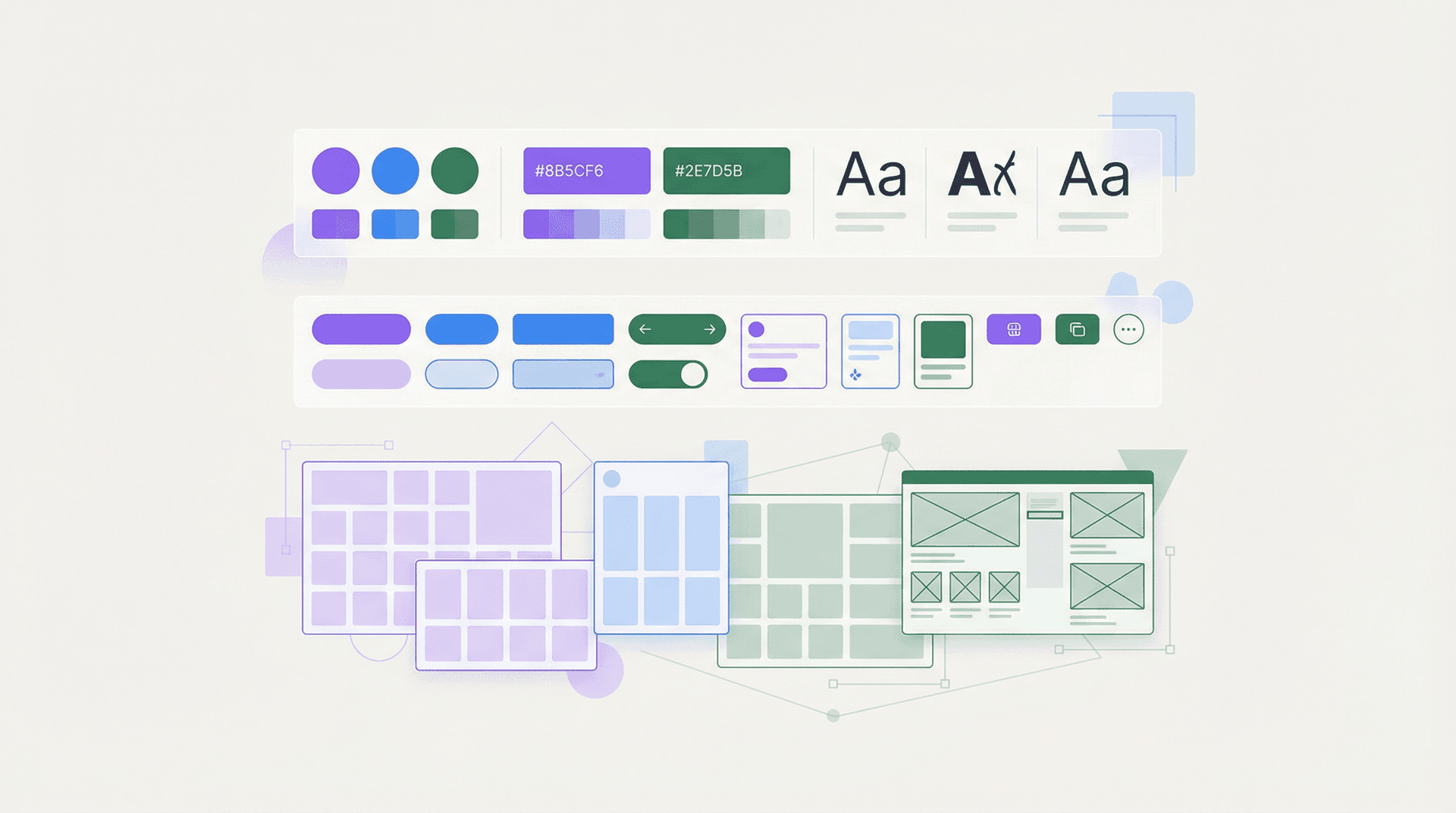 Modular UI components, color swatches, and typography in a design system