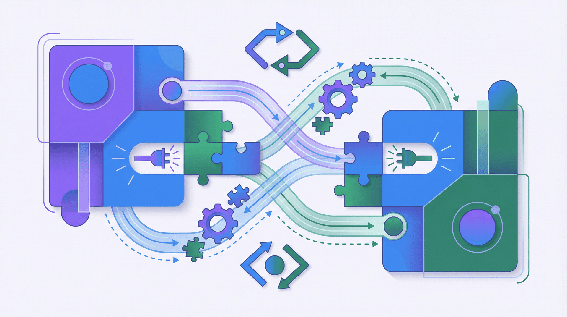 Two systems connected by integration bridges and data flows