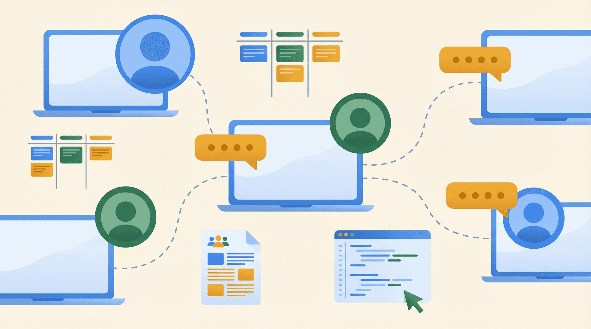 Connected laptops with video calls, chat bubbles, and collaborative tools